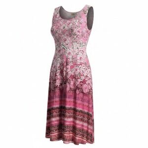 One World Pink Floral  Fairy Boho Border Print Sleeveless V-Neck Dress Large New